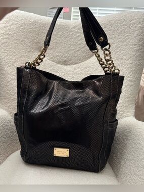 Michael Kors Black Snakeskin-Effect Shoulder Bag with Gold Chain